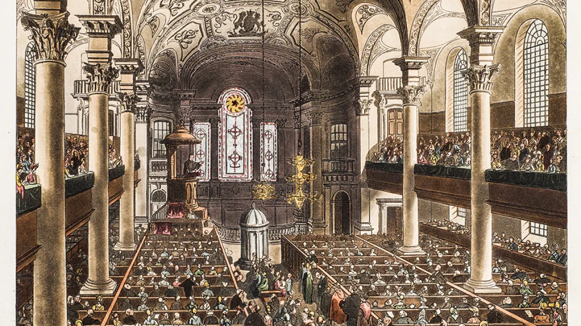 Wnętrze kościoła St Martin-in-the-Fields w Londynie, grafika opublikowana w albumie „Microcosm of London” z 1830 r. / domena publiczna