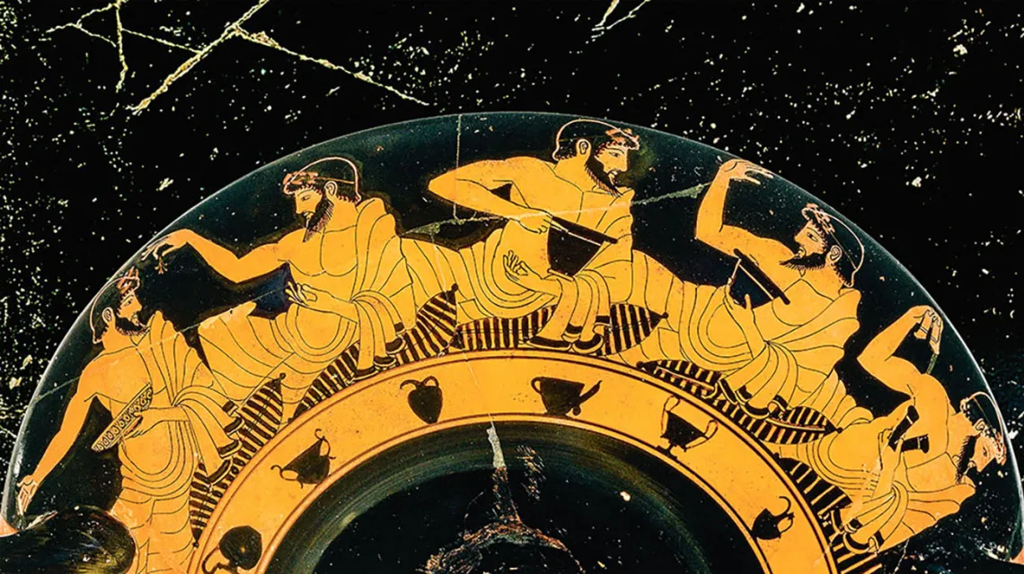 Grecki sympozjon przedstawiony na wazie czerwonofigurowej, V wiek p.n.e., Stare Muzeum w Berlinie / BPK / SCALA; FLORENCE
