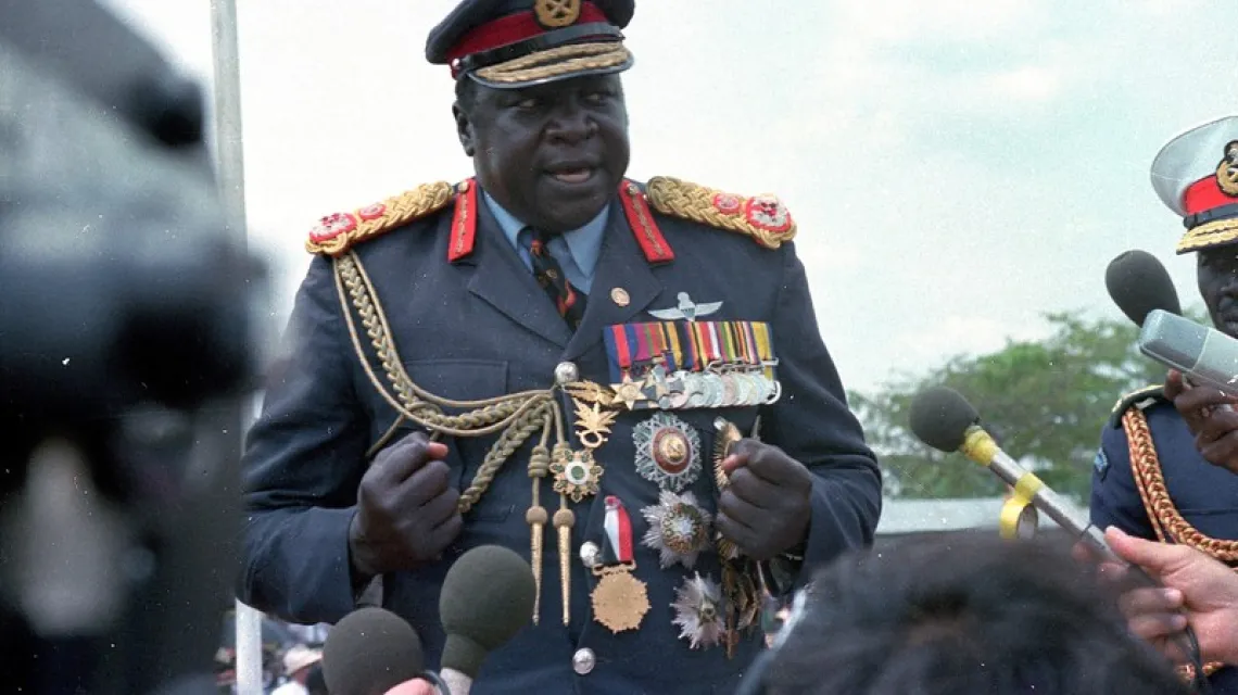 Idi Amin Dada, prezydent Ugandy ( rządził w latach 1971-79) podczas przemówienia w Koboko na północy Ugandy, 25 stycznia 1978 r. / Fot. ASSOCIATED PRESS/FOTOLINK/ EAST NEWS / 