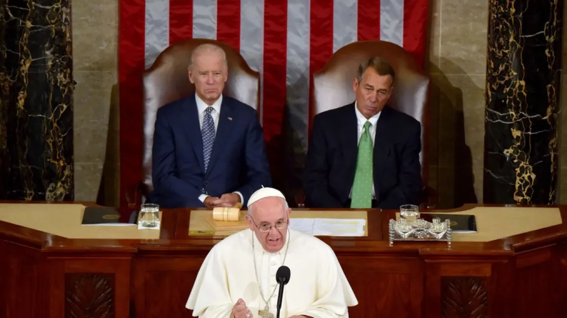  Papież Franciszek przemawia w Kongresie USA. Waszyngton, 24.09.2015 r. /  / Fot.  AFP PHOTO/VINCENZO PINTO