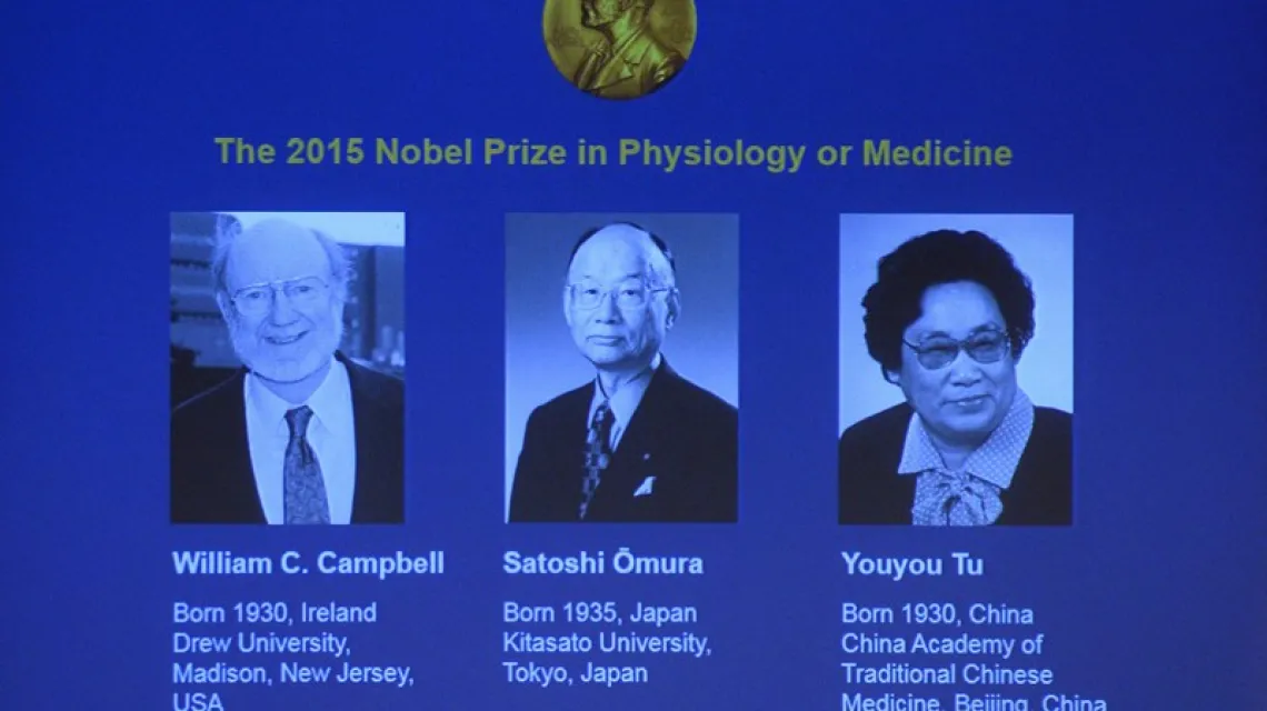 Laureaci nagrody Nobla z fizjologii i medycyny 2015: William Campbell (Irlandia), Satoshi Omura (Japonia) i Youyou Tu (Chiny) /  / fot. AFP/EAST NEWS