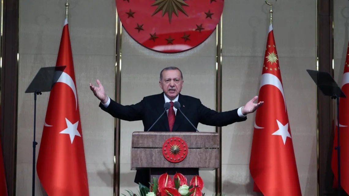 Prezydent Recep Erdogan przemawia podczas drugiej rocznicy nieudanego puczu wojskowego, Ankara, 15 lipca 2018 r. / Fot. Xinhua News Agency / eyevine / East News / 
