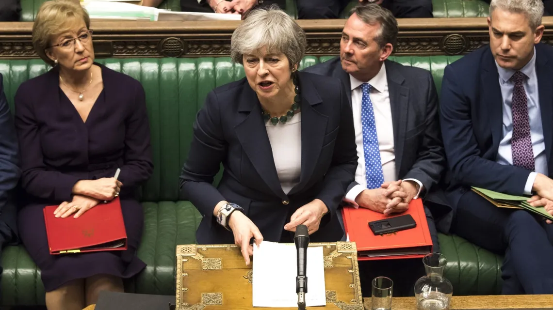 Premier Theresa May przemawia podczas głosowania nad tzw. twardym brexitem, czyli opuszczeniem Unii bez porozumienia, Londyn, 13 marca 2019 r. /  / Fot. Mark Duffy/Xinhua News/East News