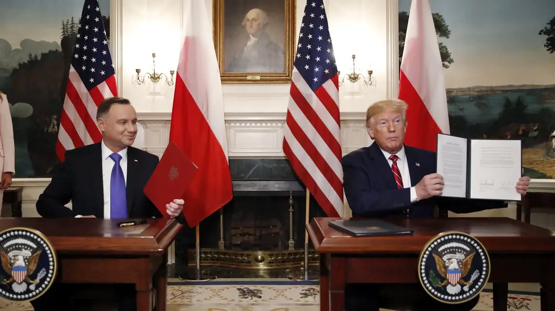 Andrzej Duda i Donald Trump po podpisaniu deklaracji o zacieśnieniu współpracy obronnej. Biały Dom, Waszyngton, 12 czerwca 2019 r. / / Alex Brandon/AP/Associated Press/East News