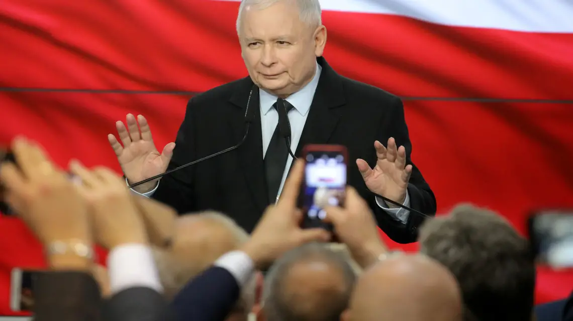 Jarosław Kaczyński podczas wieczoru wyborczego w sztabie PiS, Warszawa 13 października 2019 r. / / fot. Piotr Molecki / East News