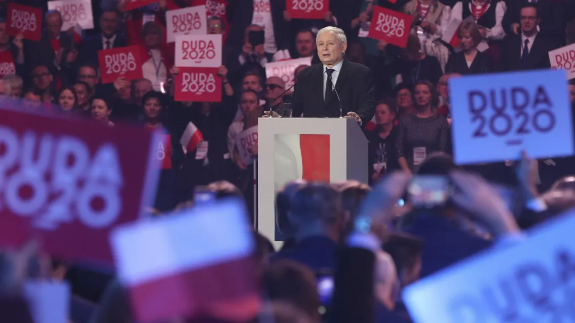 Jarosław Kaczyński przemawia na konwencji wyborczej Andrzeja Dudy, Warszawa 15 luty 2020 r. Fot. Czarek Sokolowski / AP/Associated Press/East News / 