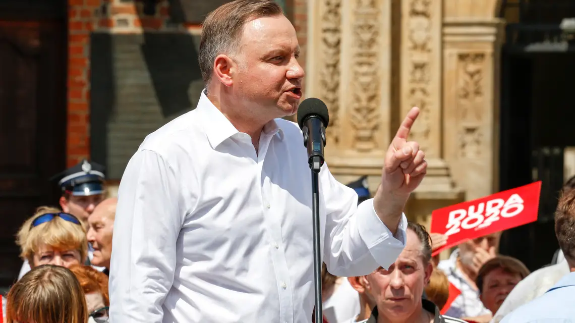 Andrzej Duda podczas wiecu wyborczego w Brzegu, gdzie podjął temat "ideologii" LGBT, 13 czerwca 2020 r. / Fot. Lidia Mukhamadeeva / Reporter / East News / 