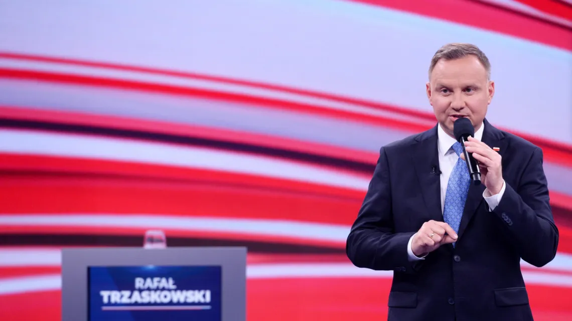 W programie pt. „Debata Wyborcza” w TVP wziął udział jedynie prezydent Andrzej Duda. Końskie, 6 lipca 2020 r. /  / fot. Jan Bogacz / TVP / East News