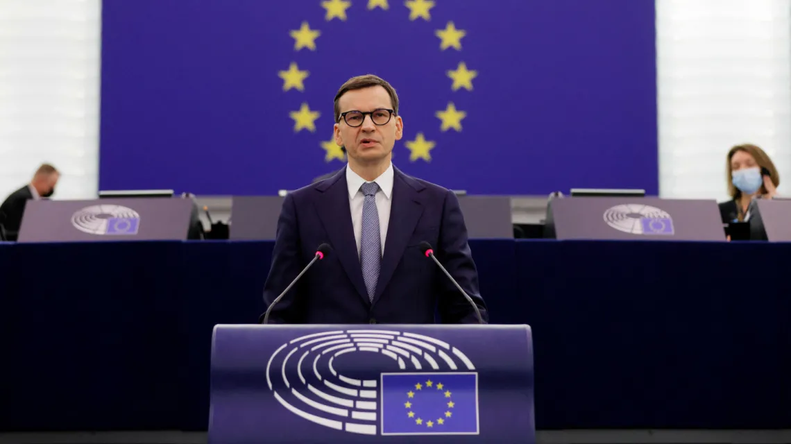 Przemowa premiera Morawieckiego w Parlamencie Europejskim, 19 października 2021 r. Fot. RONALD WITTEK/AFP/East News / 