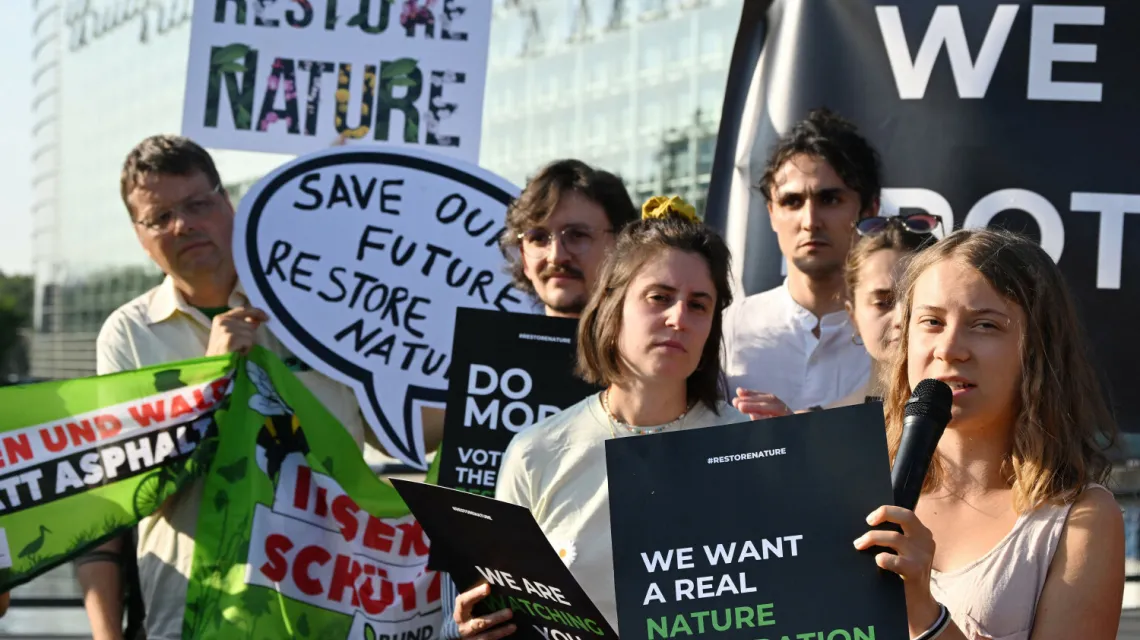 Demonstracja aktywistów na rzecz Nature Restoration Law. Przed Parlamentem Europejskim w Strasburgu przemawia Greta Thunberg. 11 lipca 2023 r. / FOT. FREDERICK FLORIN/AFP/East News / 
