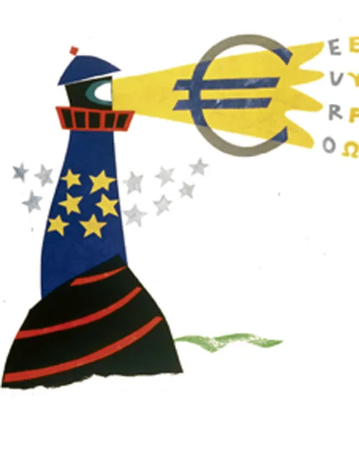 Z serii grafik Alberta Rocarolsa, zapowiadających wejście euro, 1998 r. / (C) European Union, 2011 / 