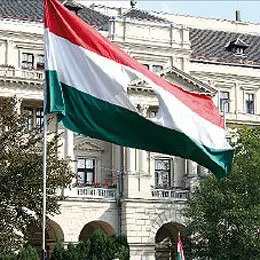 Flaga z wyciętą w środku dziurą, używana podczas niedawnych protestów przeciw lewicowemu rządowi, nawiązuje do powstania 1956 r. / 