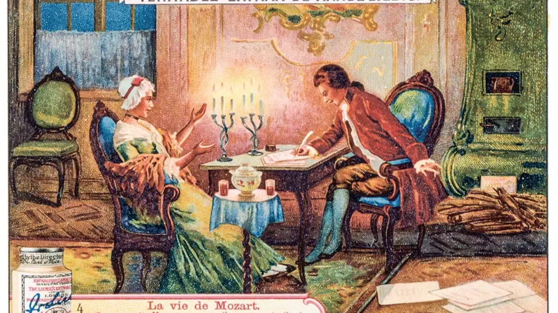 Mozart komponuje w Pradze uwerturę „Don Giovanniego”, karta z cyklu „Życie Mozarta”, reklamująca pastę bulionową marki Liebig, Paryż, 1906 r. / UNIVERSAL HISTORY ARCHIVE / UNIVERSAL IMAGES GROUP / EAST NEWS