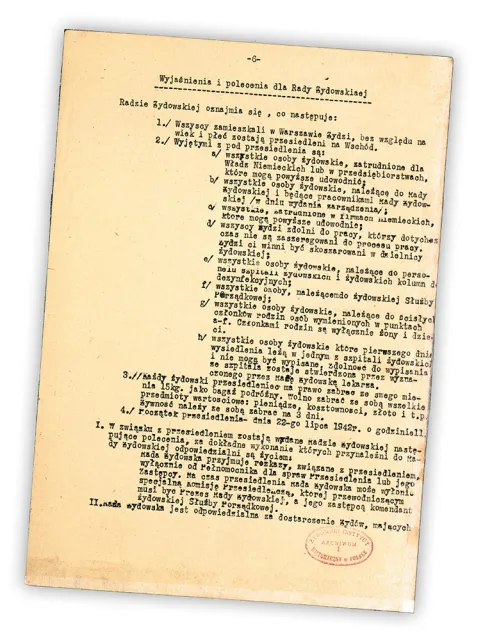 Fragment maszynopisu rozkazu SS-Sturmbannführera Hermanna Höflego, pełnomocnika ds. przesiedlenia, odczytanego Radzie Żydowskiej 22 lipca 1942 r. / 
