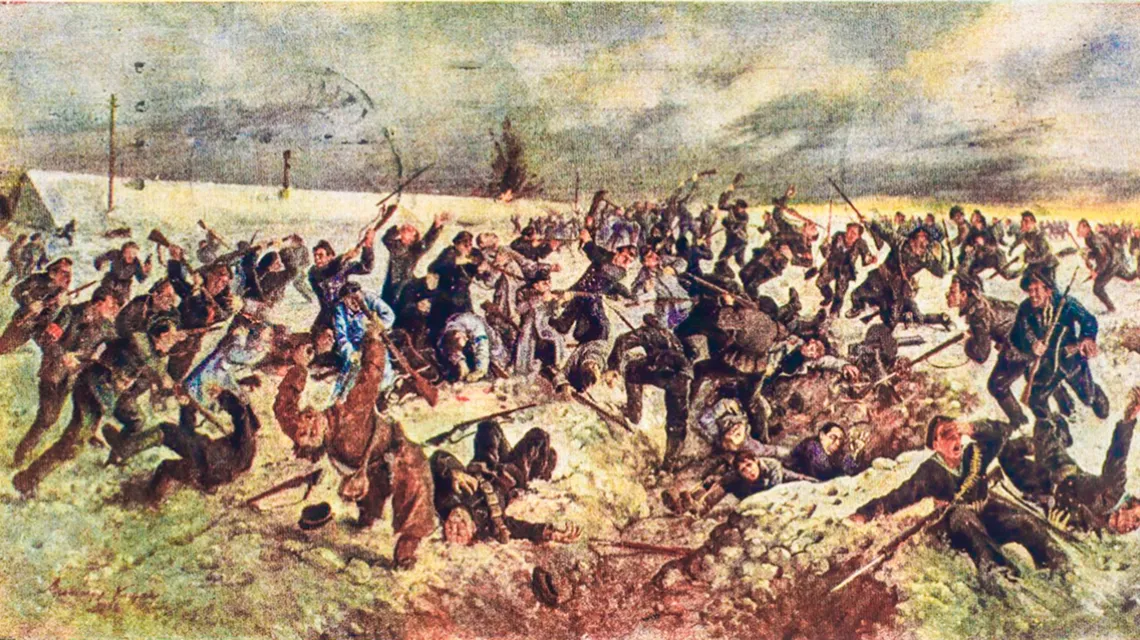 Ukraińscy studenci i uczniowie powstrzymują marsz bolszewików na Kijów w bitwie pod Krutami, w styczniu 1918 r. Obraz A. Klimko. / DOMENA PUBLICZNA