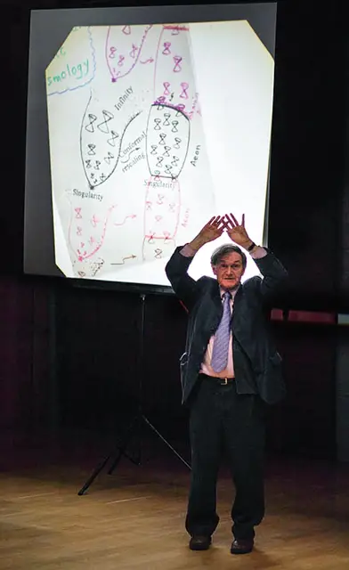 Roger Penrose opowiada o cyklach czasu w ramach Copernicus Center Lecture 2010. Auditorium Maximum UJ, Kraków. / ADAM WALANUS / ADAM WALANUS