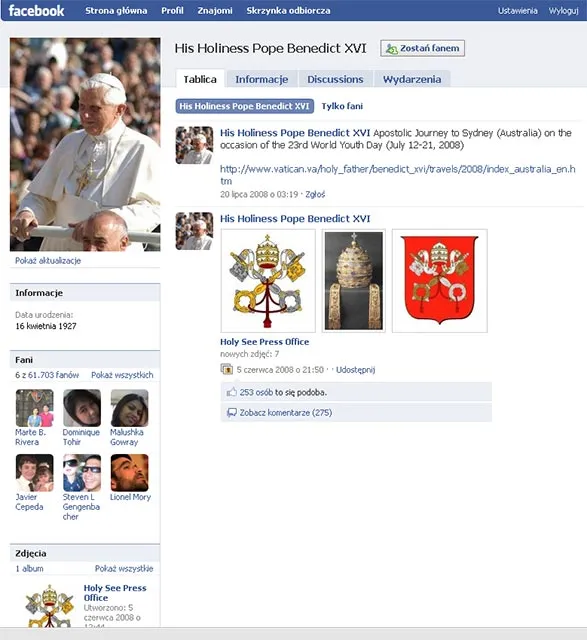 Profil Benedykta XVI na portalu społecznościowym Facebook / 