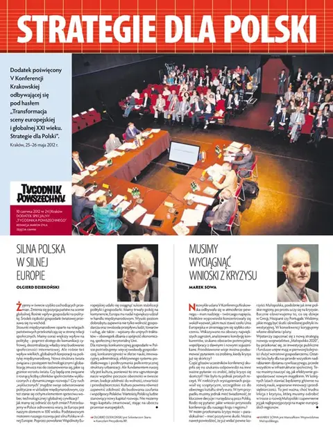 Dodatek poświęcony V Konferencji Krakowskiej odbywającej się pod hasłem "Transformacja sceny europejskiej i globalnej XXI wieku. Strategie dla Polski". Kraków, 25-26 maja 2012 r. / Okładka dodatku "Strategie dla Polski", "TP" 24/2012