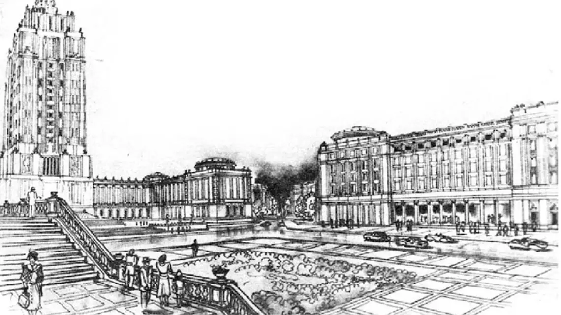 Wizualizacja ulicy Puławskiej w pobliżu pl. Unii Lubelskiej, przedstawiona przez architekta Jana Knothe w „Sześcioletnim Planie Odbudowy Warszawy”, 1950 r. / 