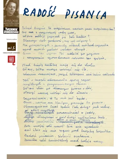  / Okładka dodatku "Radość pisania" poświęconego Wisławie Szymborskiej. "TP" 40/2012