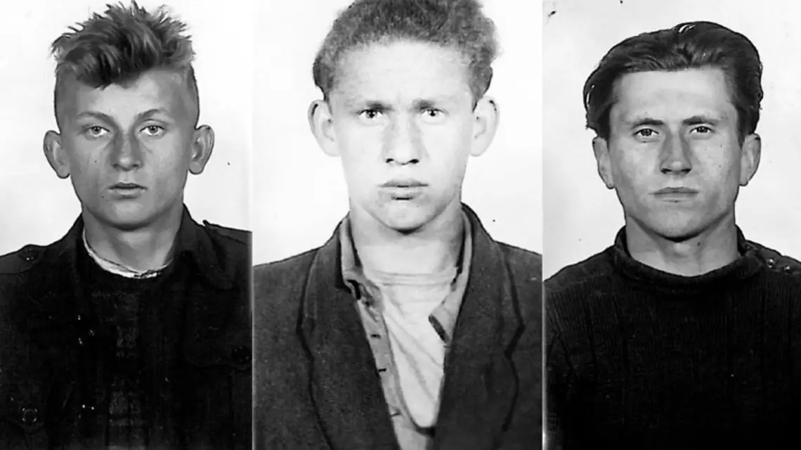 Aresztowani członkowie Młodej Gwardii Przeciwko Komunistom, od lewej: Kazimierz Kądziela, Ryszard Andrzejewski i Wacław Borkowski (fotografie z akt śledczych UB). / Fot. Instytut Pamięci Narodowej