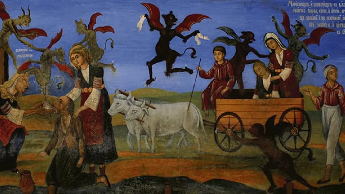 XIX-wieczny fresk na południowej ścianie Monastyru Rilskiego (Bułgaria) przedstawiający diabły, które wdzierają się w ludzki świat / Fot. Małgorzata Fugiel-Kuźminska