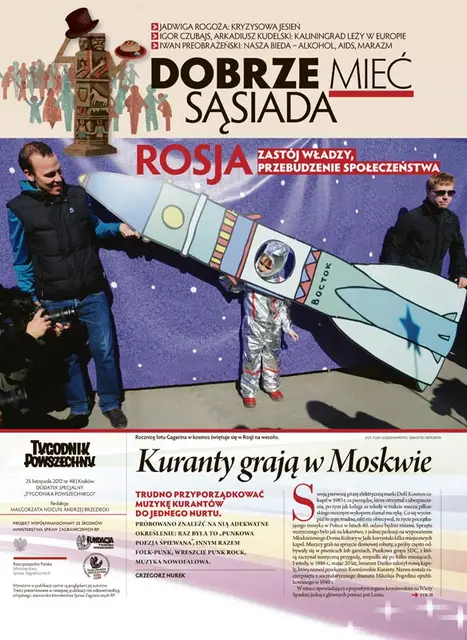 Okładka dodatku – Dobrze Mieć Sąsiada: Rosja. Rocznicę lotu Gagarina w kosmos świętuje się w Rosji na wesoło. / Fot. Yury Goldenshteyn / DEMOTIX / REPORTER