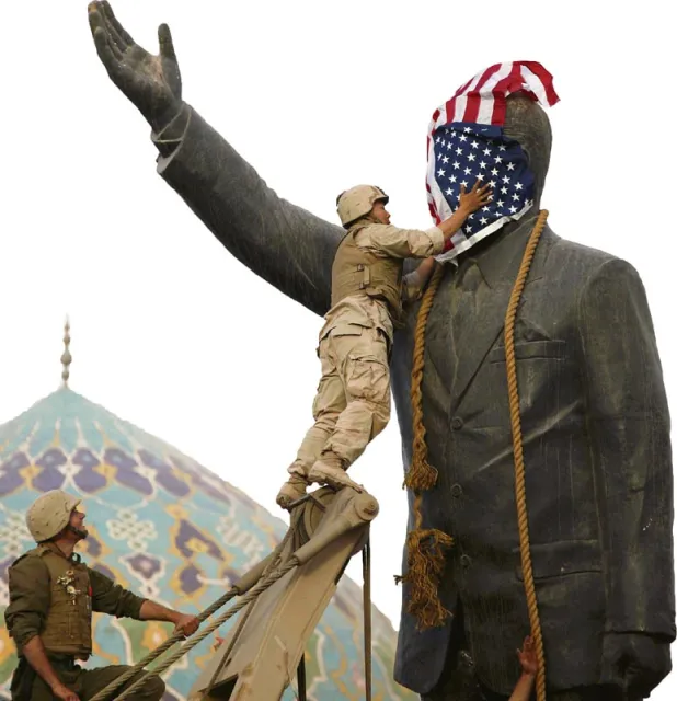 Obalanie pomnika Saddama Husajna w Bagdadzie, zajętym właśnie przez wojska amerykańskie; 9 kwietnia 2003 r. / Fot. Jerome Sessini / IN VISU / CORBIS
