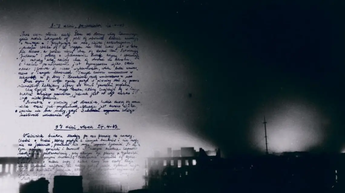 Płonie warszawskie getto. Zdjęcie z albumu komendanta tzw. policji granatowej płk. Franciszka Przymusińskiego. Kwiecień–maj 1943 r. Na tle reprodukcja pamiętnika ze schronu na Miłej 34 ze zbiorów Kibucu Bojowników Getta w Izraelu / Fot. Odbitka w archiwum ŻIH