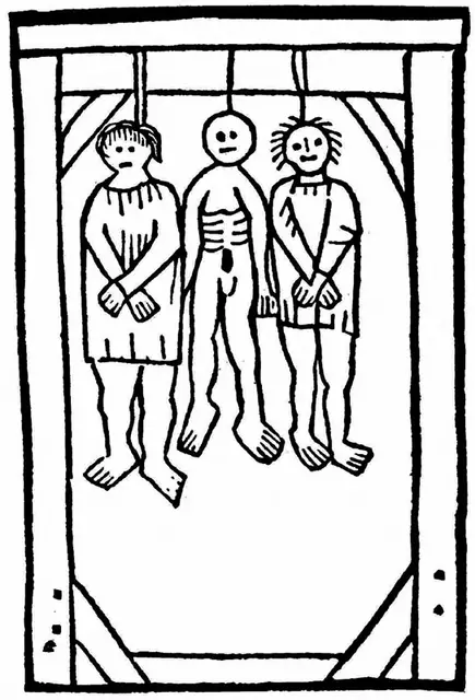 „Wisielcy”, drzeworyt z editio princeps „Wielkiego Testamentu” François Villona, ogłoszonej drukiem w Paryżu przez Pierre’a Leveta, 1489 r. / Ilustracja z książki Zbigniewa Mikołejki, za udostępnienie dziękujemy wyd. słowo / obraz terytoria
