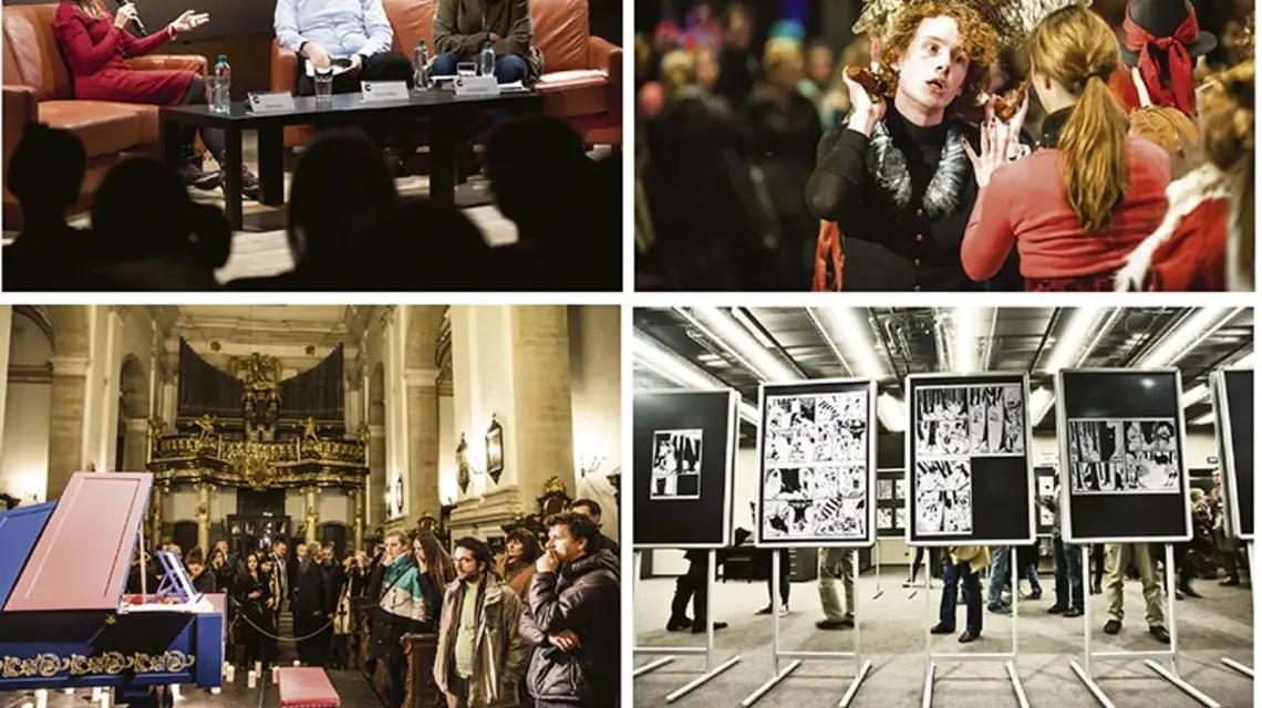 Od lewej góra: Joanna Bator, Tomasz Pindel, Szymon Kloska; „Surrealistyczna grupa szturmowa”; Koncert Sławomira Zubrzyckiego; Wystawa prac Nicolasa Presla / Zdjęcia dzięki uprzejmości KBF: Michał Ramus, Grzegorz Ziemiański