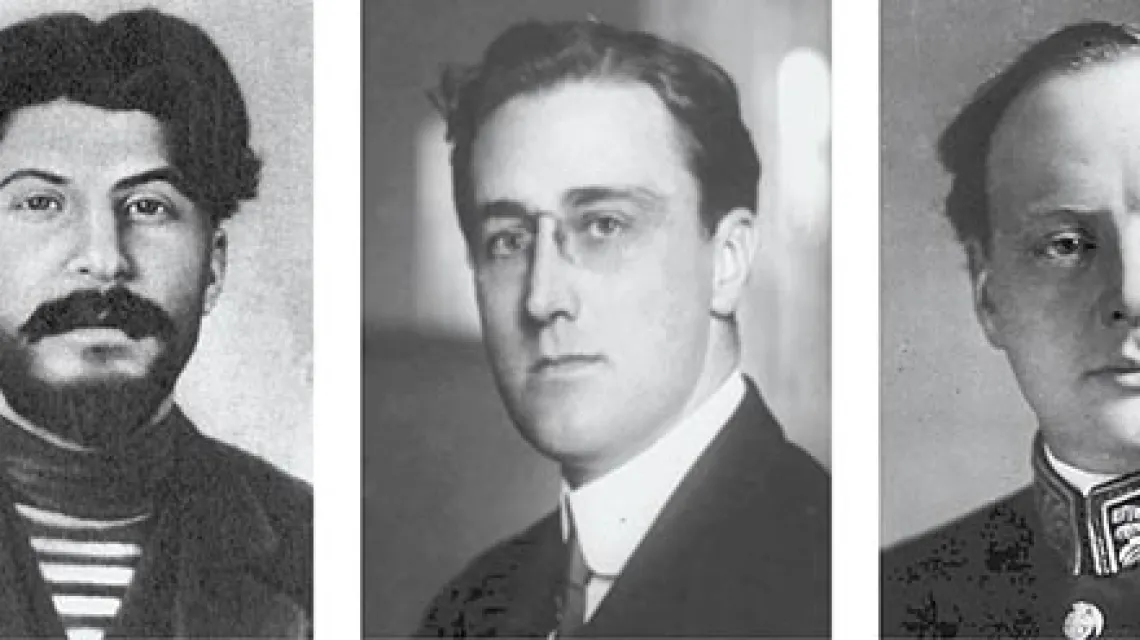 Od lewej: Adolf Hitler około roku 1915 | Józef Stalin | Franklin Delano Roosevelt, 1913 r. | Winston Churchill jako dowódca batalionu piechoty, 1917 r. / Fot. Domena publiczna (1-3); Popper Foto / Getty Images (4)