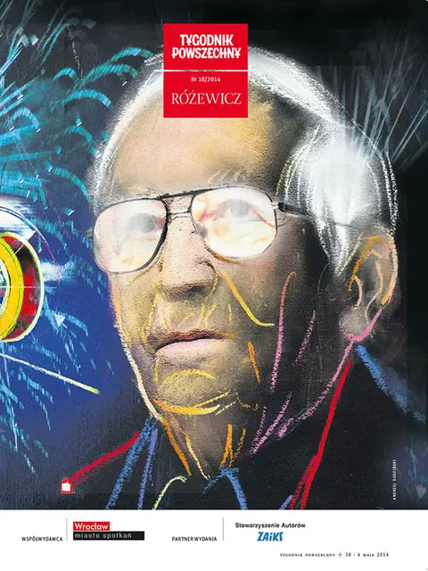 Okładka dodatku poświęconego Tadeuszowi Rózewiczowi / il. Andrzej Dudziński