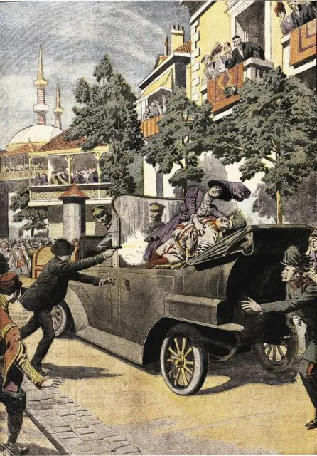 Zamach na arcyksięcia Franciszka Ferdynanda w ilustracji magazynu „Le Paris Journal”, lipiec 1914 r. / Fot. Leonard de Selva / CORBIS