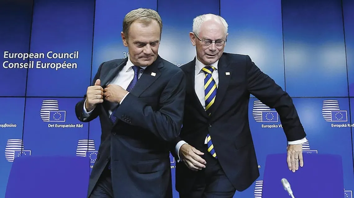 Donald Tusk i Herman van Rompuy, nowy i odchodzący przewodniczący Rady Europejskiej, Bruksela, 30 sierpnia 2014 r. / Fot. Yves Herman / REUTERS / FORUM