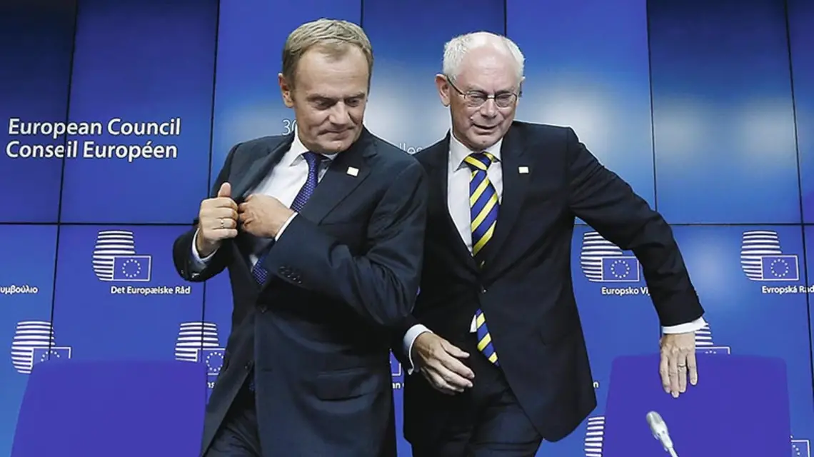 Donald Tusk i Herman van Rompuy, nowy i odchodzący przewodniczący Rady Europejskiej, Bruksela, 30 sierpnia 2014 r. / Fot. Yves Herman / REUTERS / FORUM