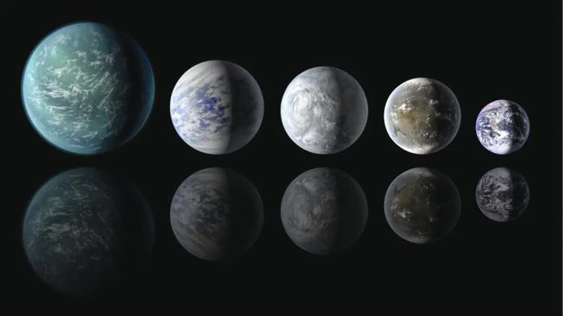 Od lewej: egzoplanety Kepler-22b, Kepler-69c, Kepler-62e i Kepler-62f oraz Ziemia / Fot. Wendy Stenzel / NASA