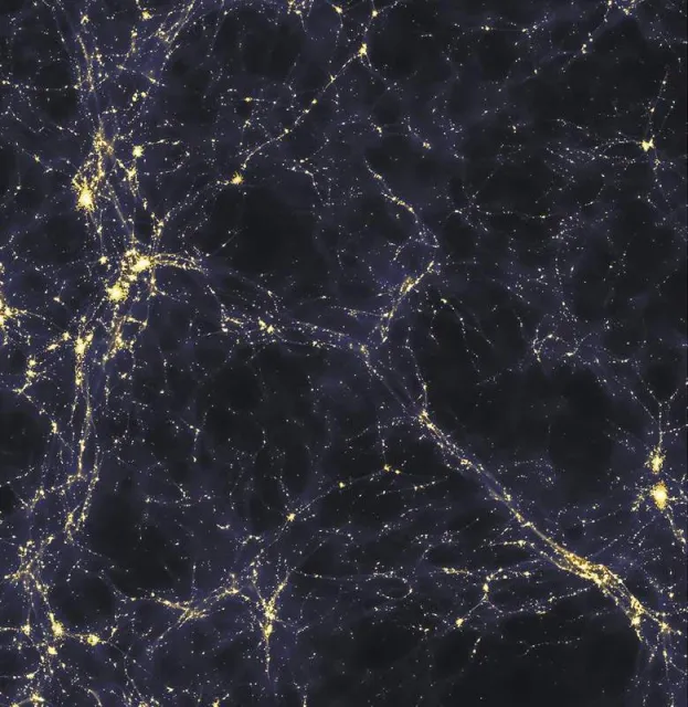 Symulacja komputerowa budowy Wszechświata w wielkiej skali. Widoczne tu włókna zbudowane są z tysięcy galaktyk. Większe, jaśniejsze rejony to gromady galaktyk, zaś ciemne obszary to kosmiczne pustki. / Il. Andrew Pontzen i Fabio Governato