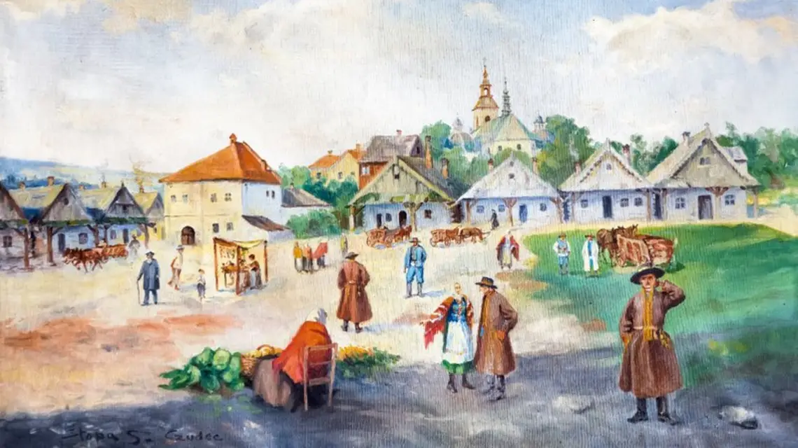 Rynek w Czudcu na przełomie wieków XIX i XX, na obrazie S. Stopy / Fot. Ze zbiorów Muzeum Etnograficznego im. Franciszka Kotuli w Rzeszowie