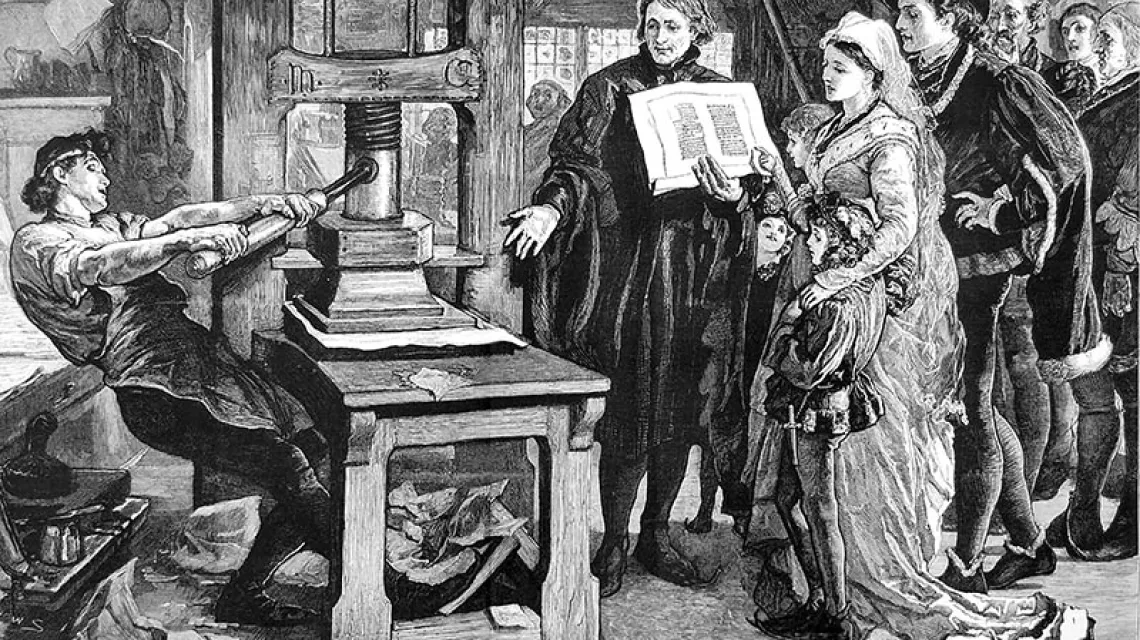 William Caxton przedstawia królowi Edwardowi IV i królowej Elżbiecie swoje druki. Ilustracja z pisma „The Graphic”  – w 400. rocznicę pierwszej wydrukowanej w Anglii książki. Czerwiec 1877 r. / il. Domena publiczna