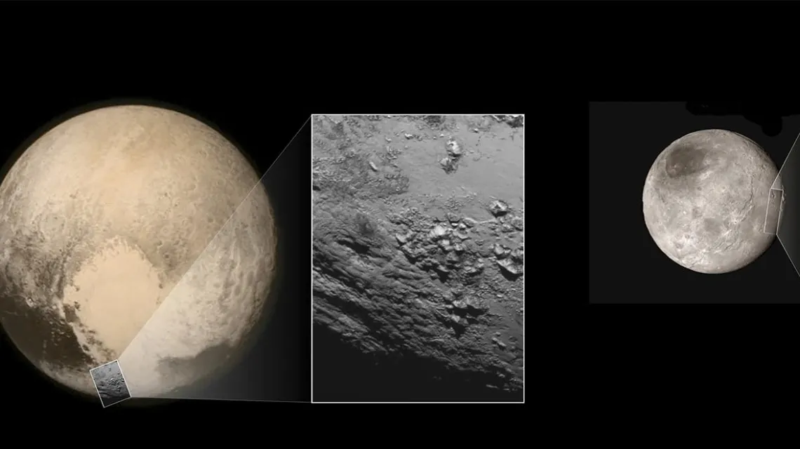 Od lewej: Pluton i fragment jego powierzchni z lodowymi górami o wysokości ok. 3,5 tys. metrów. Księżyc Plutona Charon i jego fragment z kraterami oraz „pępkiem” – obniżeniem z górą pośrodku. / Fot. NASA