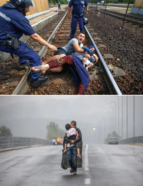 Agencja Reuters i dziennik „New York Times” podzieliły się w tym roku Pulitzerem w kategorii „fotografia newsowa”, za materiały o kryzysie migracyjnym. Powyżej stacja kolejowa na Węgrzech, poniżej granica macedońsko-węgierska, wrzesień 2015 r. / Laszlo Balogh / REUTERS / FORUM // Yannis Behrakis / REUTERS / FORUM