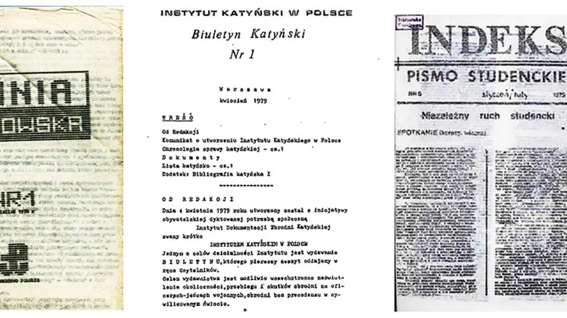 Okładki pism podziemnych, które ukazywały się przed 1980 r. w Krakowie: „Opinia Krakowska” (wydawana przez ROPCiO), „Biuletyn Katyński” i studencki „Indeks”. / Fot. Domena publiczna