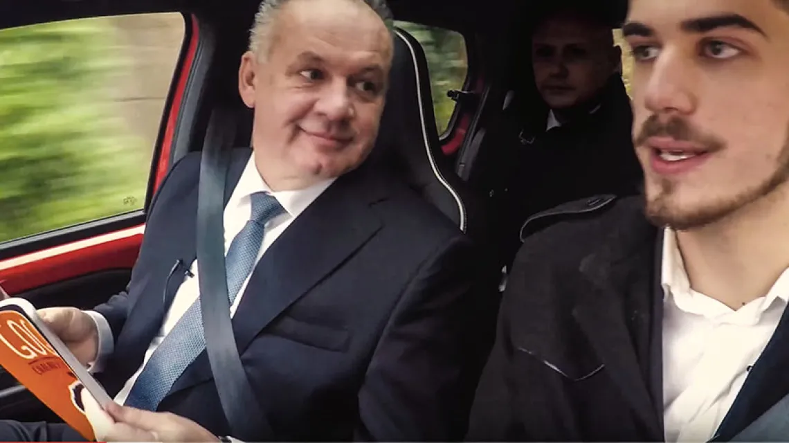 Prezydent Kiska z vlogerem GoGo w drodze do pracy. Nagranie opublikowane 2 grudnia 2016 r. / Fot. GOGOMANTV / YOUTUBE
