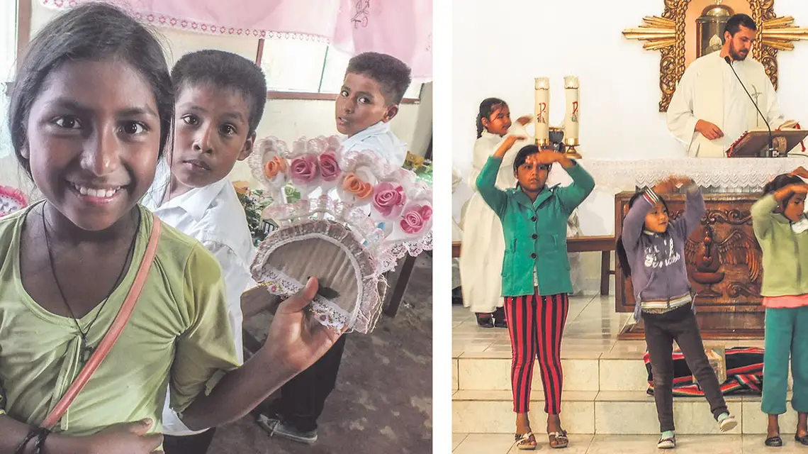 Dzieci z parafii Bulo Bulo i proboszcz ks. Michał Chromiński, Boliwia. / Fot. Arch. Misji Bulo Bulo x2