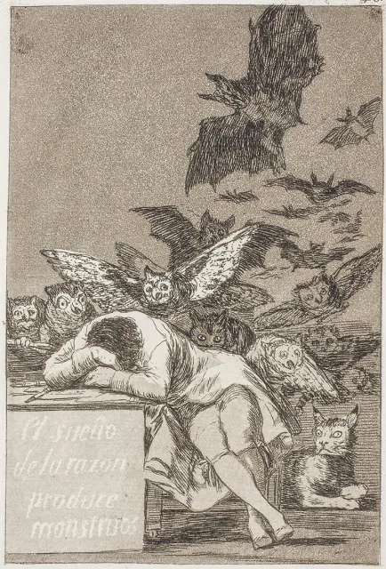 Napis „Gdy rozum śpi, budzą się demony” umieszczony przez Francisca Goyę na akwaforcie z cyklu „Kaprysy”, 1797–1798 r. / il. Domena publiczna / wikipedia.org