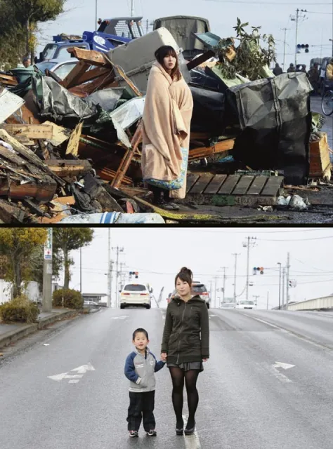 U góry: Yuko Sugimoto szuka syna w dotkniętym przez tsunami mieście Ishinomaki – 13 marca 2011 r. | U dołu: W tym samym miejscu rok później, wraz z odnalezionym pięcioletnim synem, Raito – 27 stycznia 2012 r. / fot. Toru Yamanaka / AFP / East News