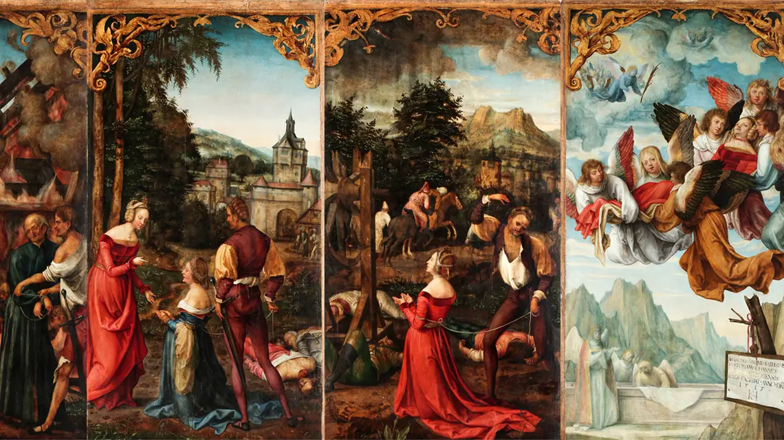 Hans von Kulmbach, „Żywot św. Katarzyny”. Od lewej: „Nawrócenie św. Katarzyny przez pustelnika”, „Dysputa z filozofami”, „Męczeństwo filozofów”, „Cud z kołem męczeńskim”, „Ścięcie cesarzowej Faustyny”, „Przeniesienie ciała św. Katarzyny na górę Synaj” / Repr. Paweł Gąsior / ze zbiorów Bazyliki Mariackiej w Krakowie