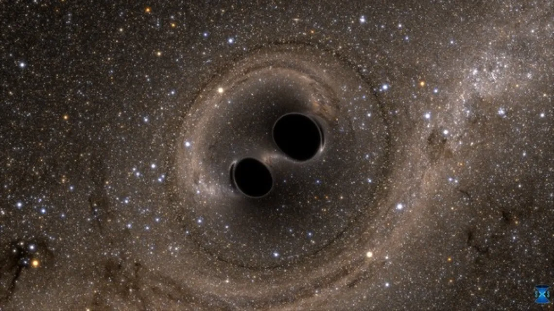 Wizualizacja kolizji dwóch czarnych dziur - wytworzone w takim zdarzeniu fale grawitacyjne zaobserwowali po raz pierwszy w historii naukowcy z projektu LIGO. Odkrycie ogłosili 11 lutego 2016 r. /  / ryc. multi-university SXS