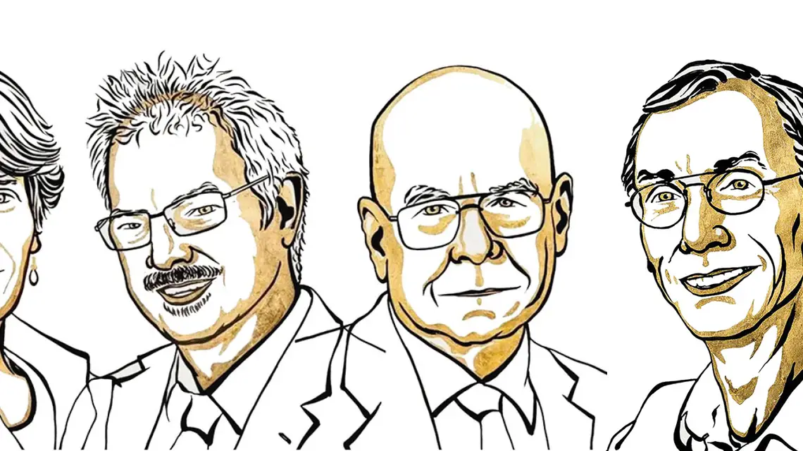 Laureaci Nagrody Nobla 2022. Od lewej: Alain Aspect (Francja), John F. Clauser (USA) i Anton Zeilinger (Austria), Carolyn R. Bertozzi (USA), Morten Meldal (Dania), K. Barry Sharpless (USA) oraz Svante Pääbo (Niemcy). / NIKLAS ELMEHED / MATERIAŁY PRASOWE KOMITETU NOBLOWSKIEGO